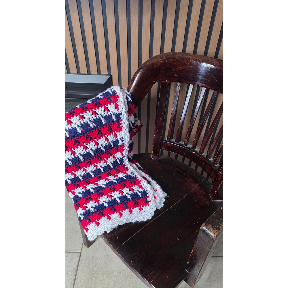 Handmade Crochet Afghan Throw Blanket Red White Blue Patriotic Americana 60x45 - Picture 1 of 8